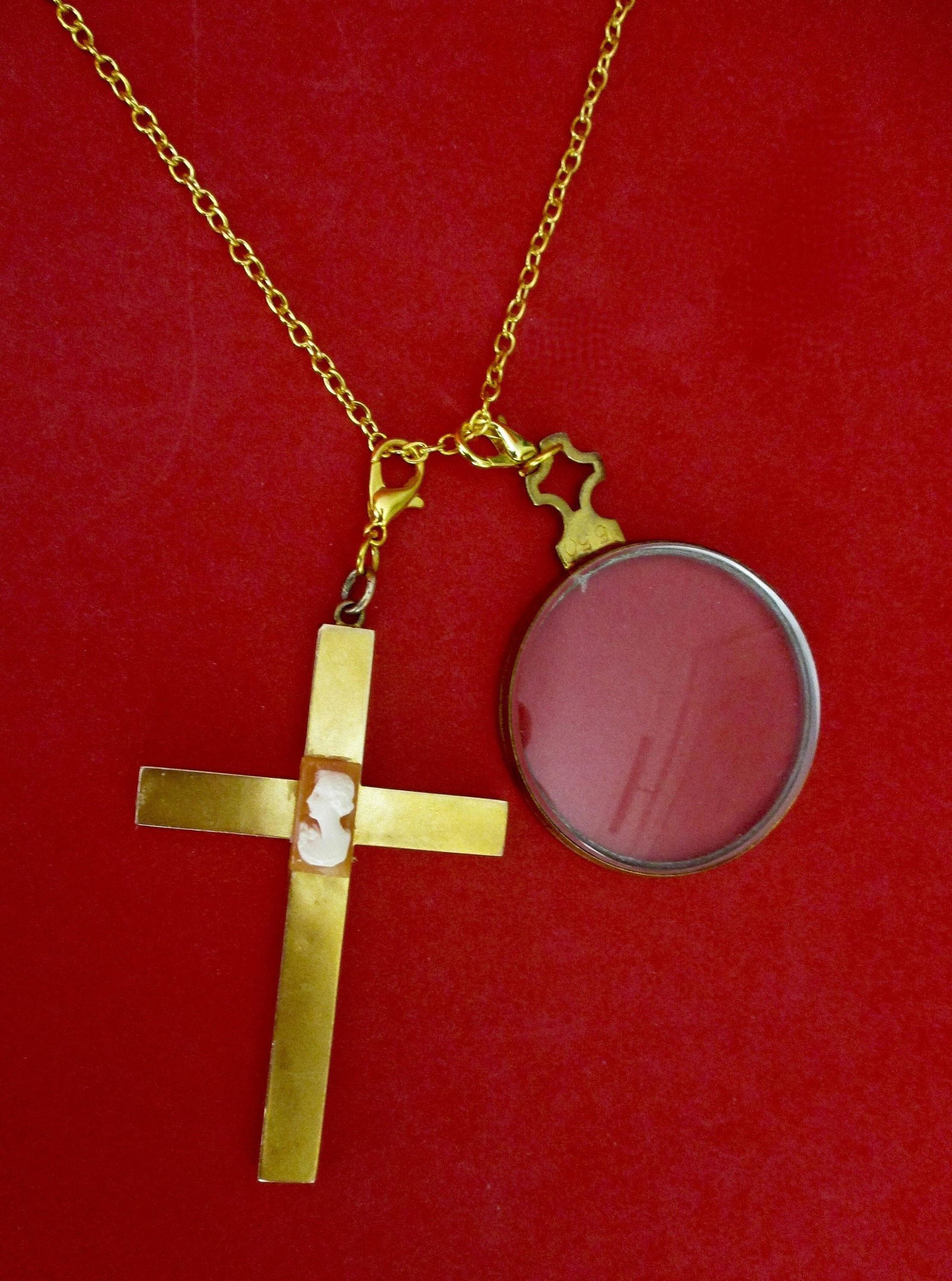 Antique Large Cameo & Brass Cross With Monocle Pendant Necklace/Religious/Boho/Hippie (1 of 6)