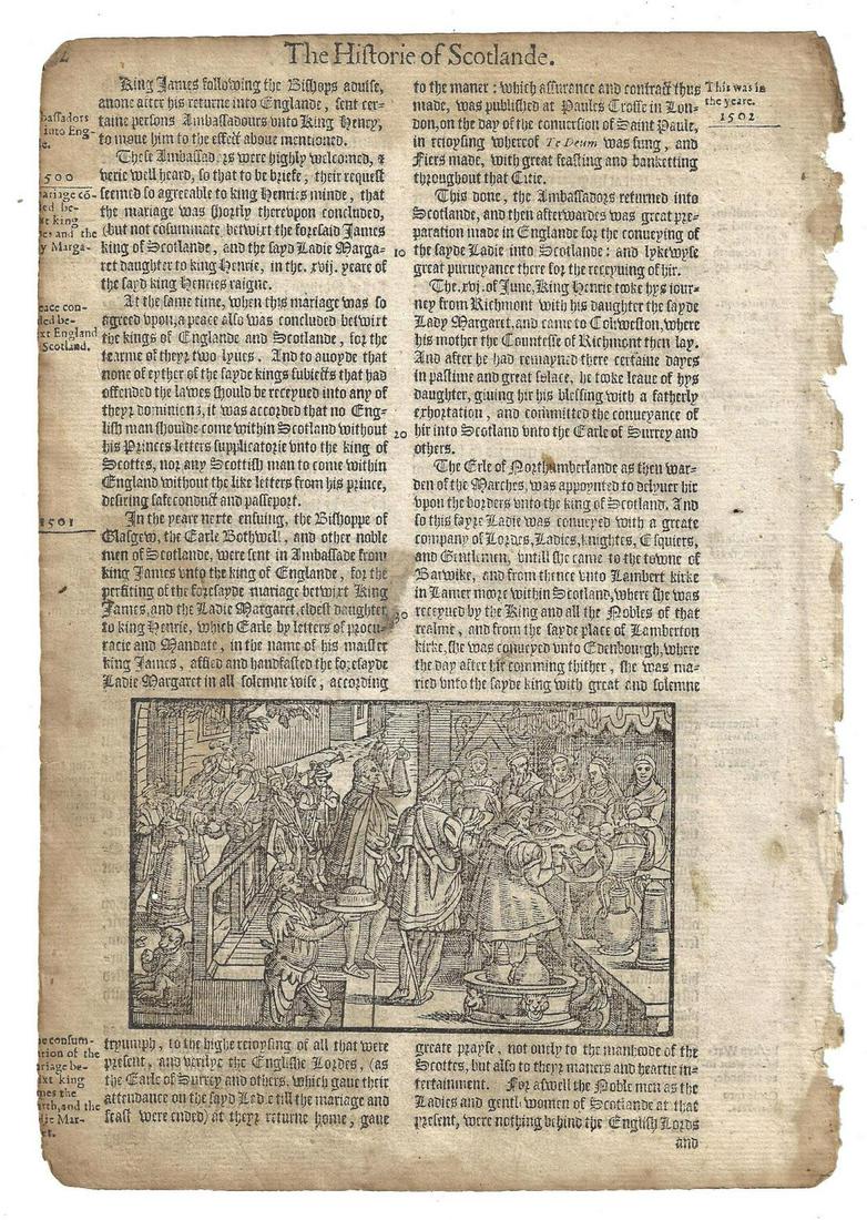 1577 Leaf Holinshed Woodcut Scot Banquet: A leaf from the Historie of Scotlande, by Raphael Holinshed, printed at London in 1577. Woodcut of a royal banquet circa 1502.. Very Good, light crop to margin, measures 7.5 x 11". Accompanied by colo