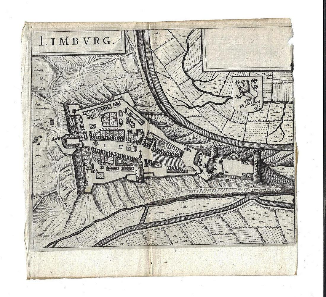 1635 Blaeu Engraved Plan of Limburg: Miniature Plan of the city of Limburg by Joannes Blaeu circa 1635, Amsterdam, Very Good condition, measures 5.5 xz 5". Reserve: $30.00 Shipping: Domestic: Flat-rate of $6.00 to anywhere within the con