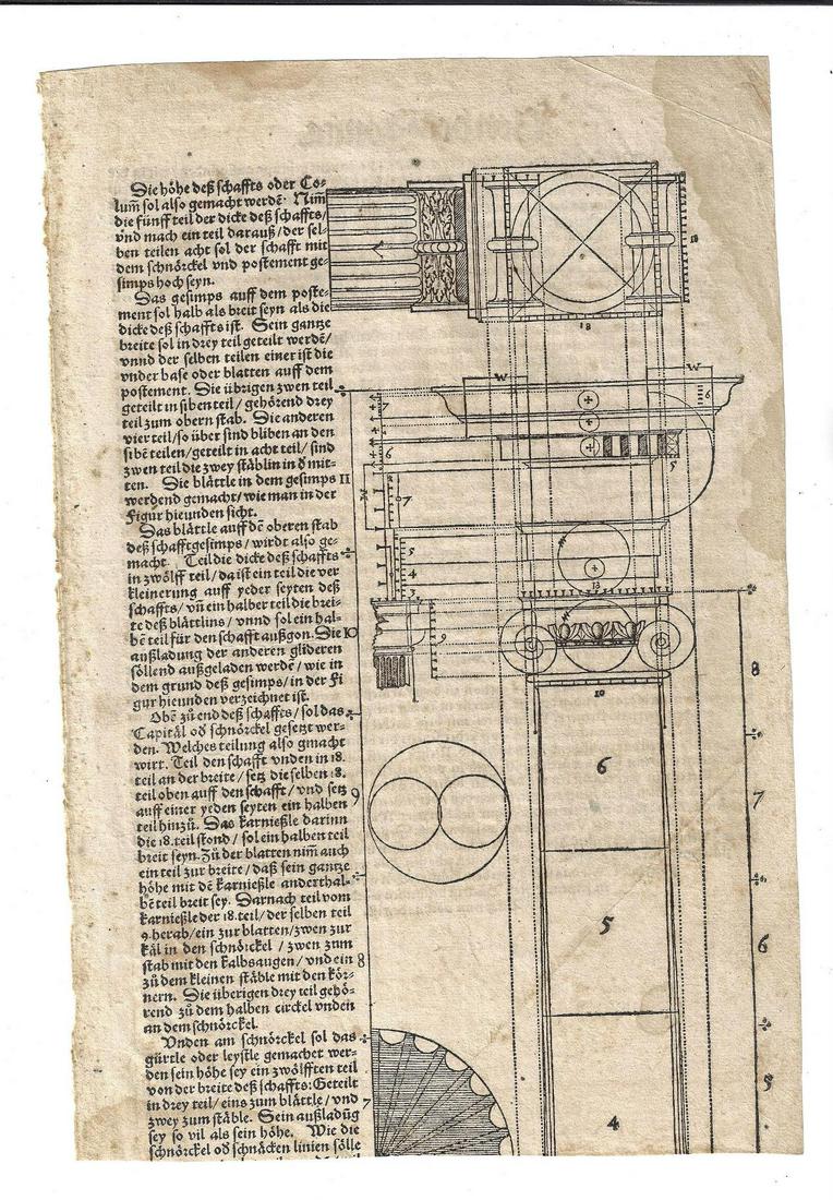 1579 Leaf Hans Blum Architecture Woodcut: A leaf from "Ein Kunstrych Buch von Allerlen antiquiteten..", printed at Zurich by Chrystoffel Froschower (Froschauer), circa 1579. Full page woodcut with text on verso, Very Good, crop to bottom. Mea