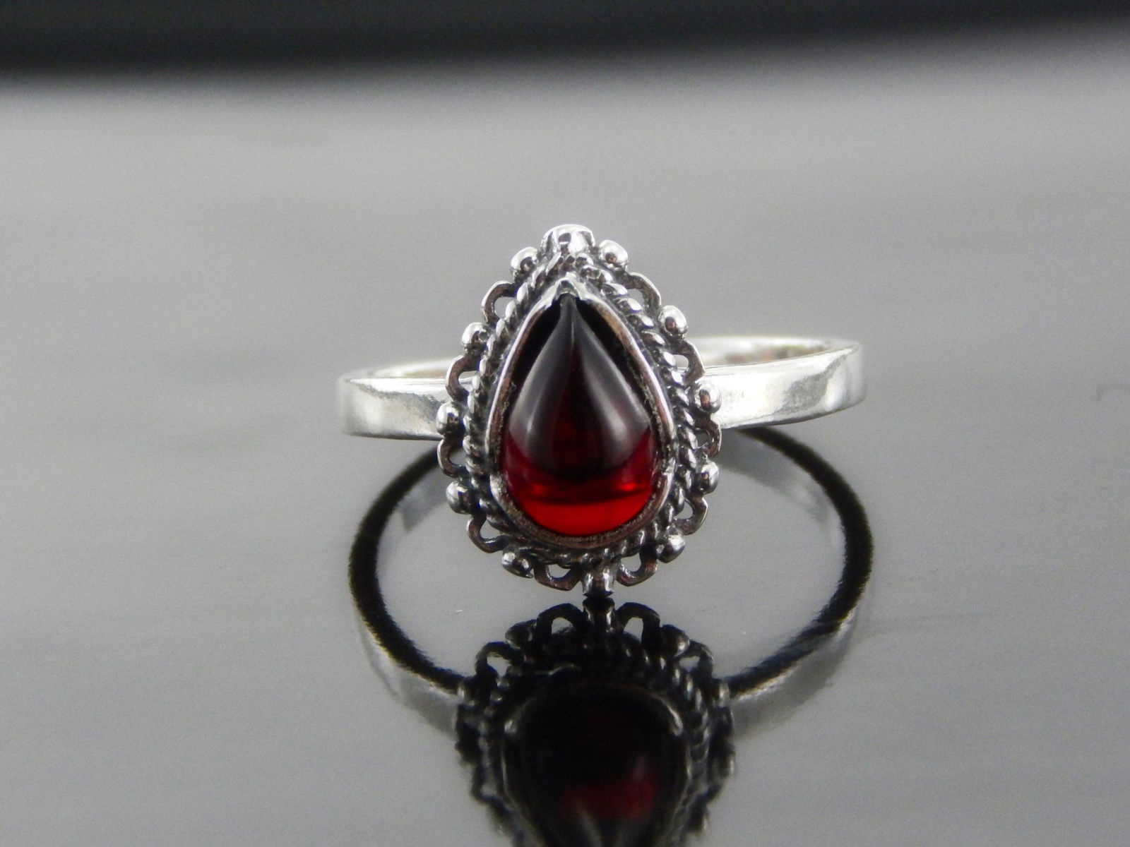 Natural Baltic Cherry Amber Victorian Style Pear Cut Ring in 925 Silver (1 of 7)