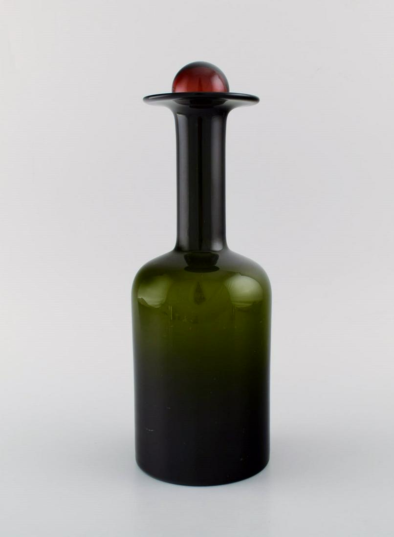 Otto Brauer for Holmegaard. Large vase / bottle in green art glass with red ball. 1960's.: Title: Otto Brauer for Holmegaard. Large vase / bottle in green art glass with red ball. 1960's. Description: Otto Brauer for Holmegaard. Large vase / bottle in green art glass with red ball. 1960's.