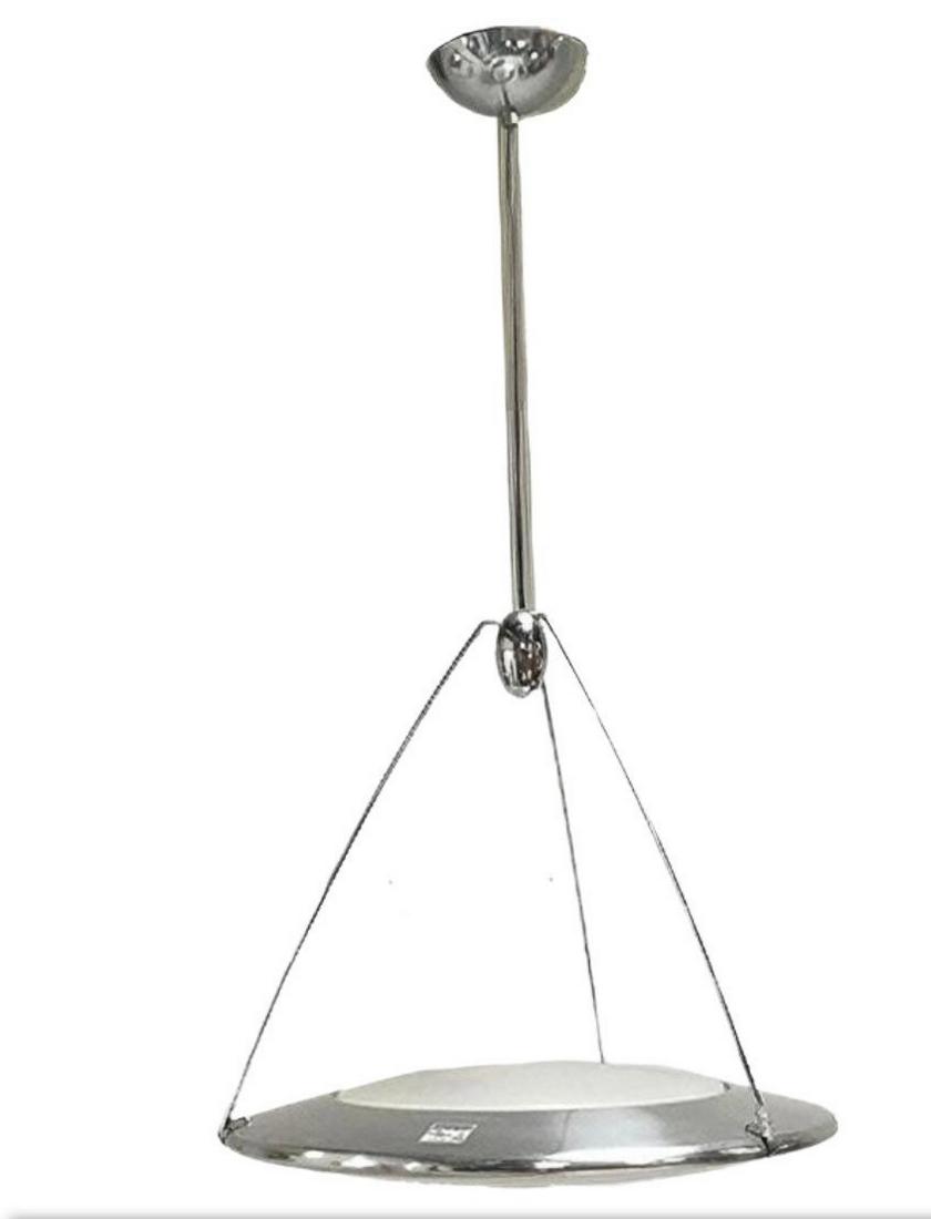 Modern Atomic Space Age Mira S Hanging Chrome Disk Lamp by Ezio Didone for Arteluce: Vintage from the 1990s Materials: Glass, metal Width: 24 inches Height: 25 inches Depth: 24 inches Description Modern Atomic Space Age Mira S Hanging Chrome Disk Lamp by Ezio Didone for Arteluce Vinta