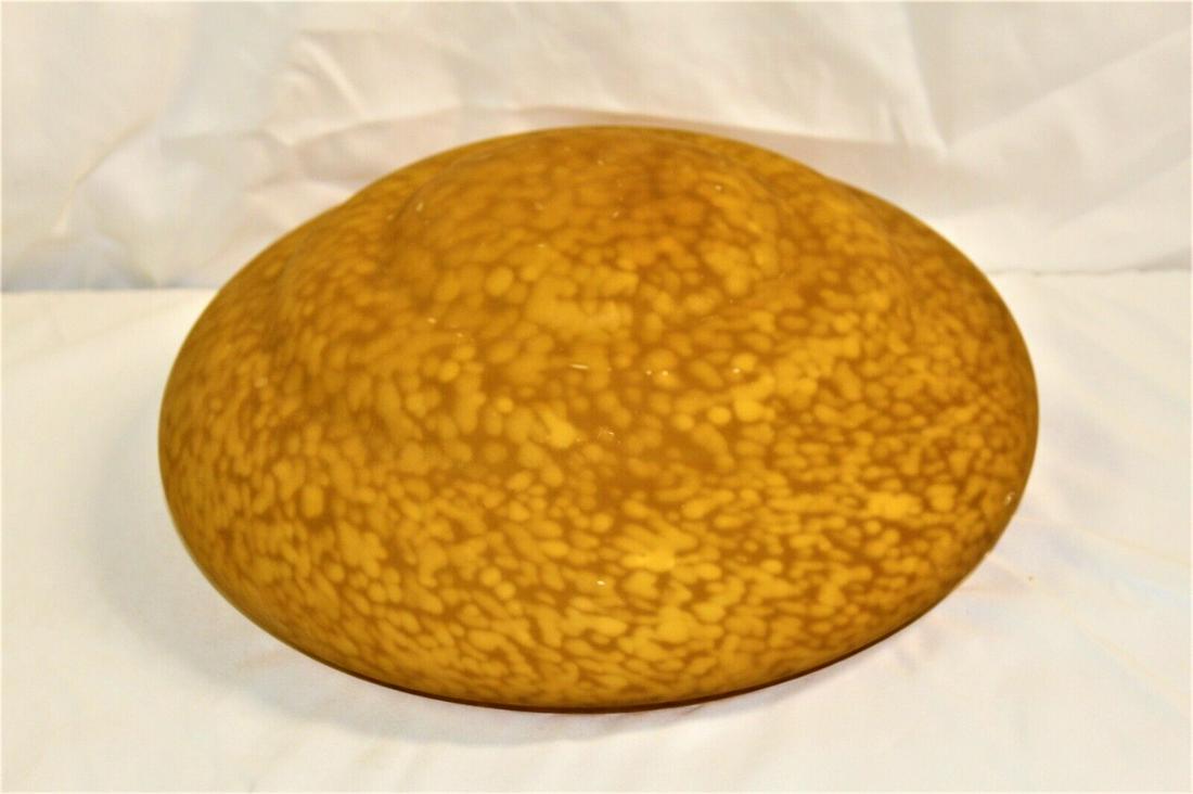 Glass shade /Amber w spots /: A good size Amber spotted glass shade . Used on some Art Deco Lamps and even Chandeliers . Looks great lit up . Size is 14" outside . Mounting ring is at 12 1/2" and ht at 6 " You do not see this one 