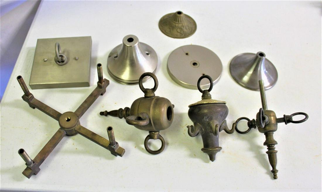 Chandelier Hangers and ceiling caps Antique &New: This lot is a group of Antique Chandelier hook for chains . the ceiling caps are new old stock . Have been kept in storage a long time . Sell as a lot . The packing and shipping is a quote and can be