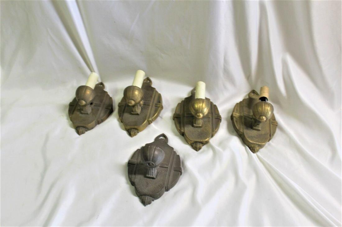 Antique Sconces Art Deco smaller size: Another group of the same design ,found at Lighting manufacturer . They are cast in solid Brass and there is the One Antique one . Need to be finished . Brass castings cost over $ 75 each . Reserve: $