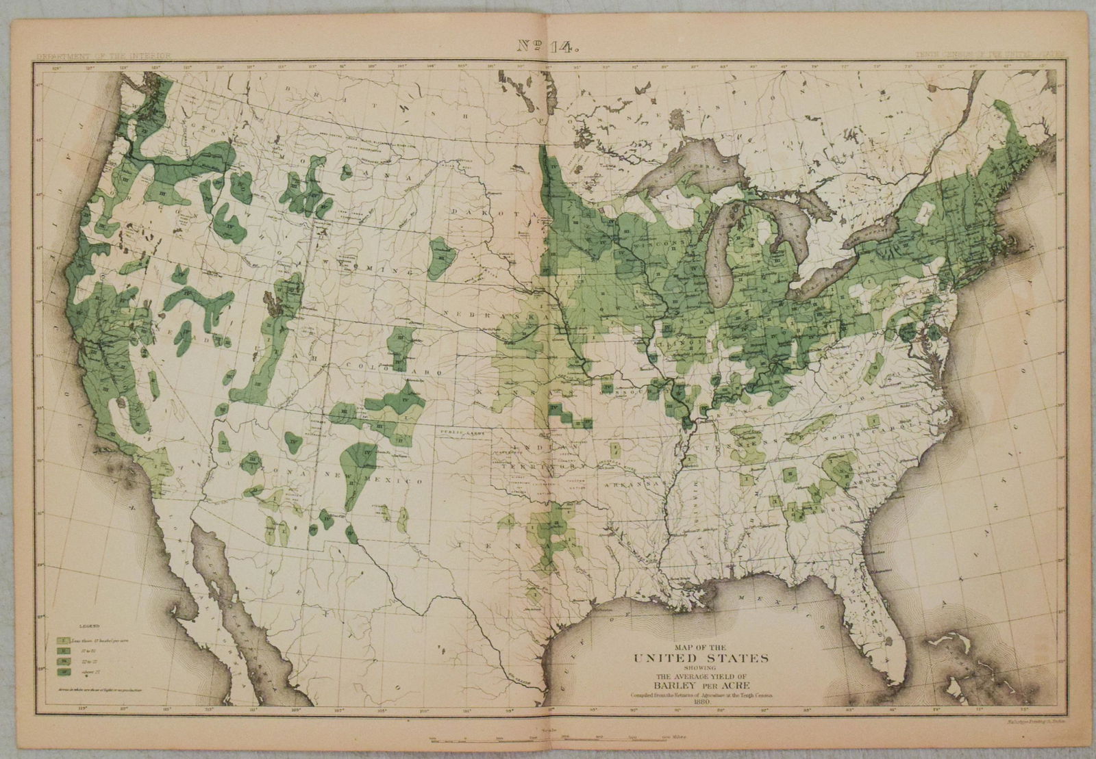 1880 US Census Map of Barley Production -- Map of the United States Showing the Average Yield of (1 of 1)