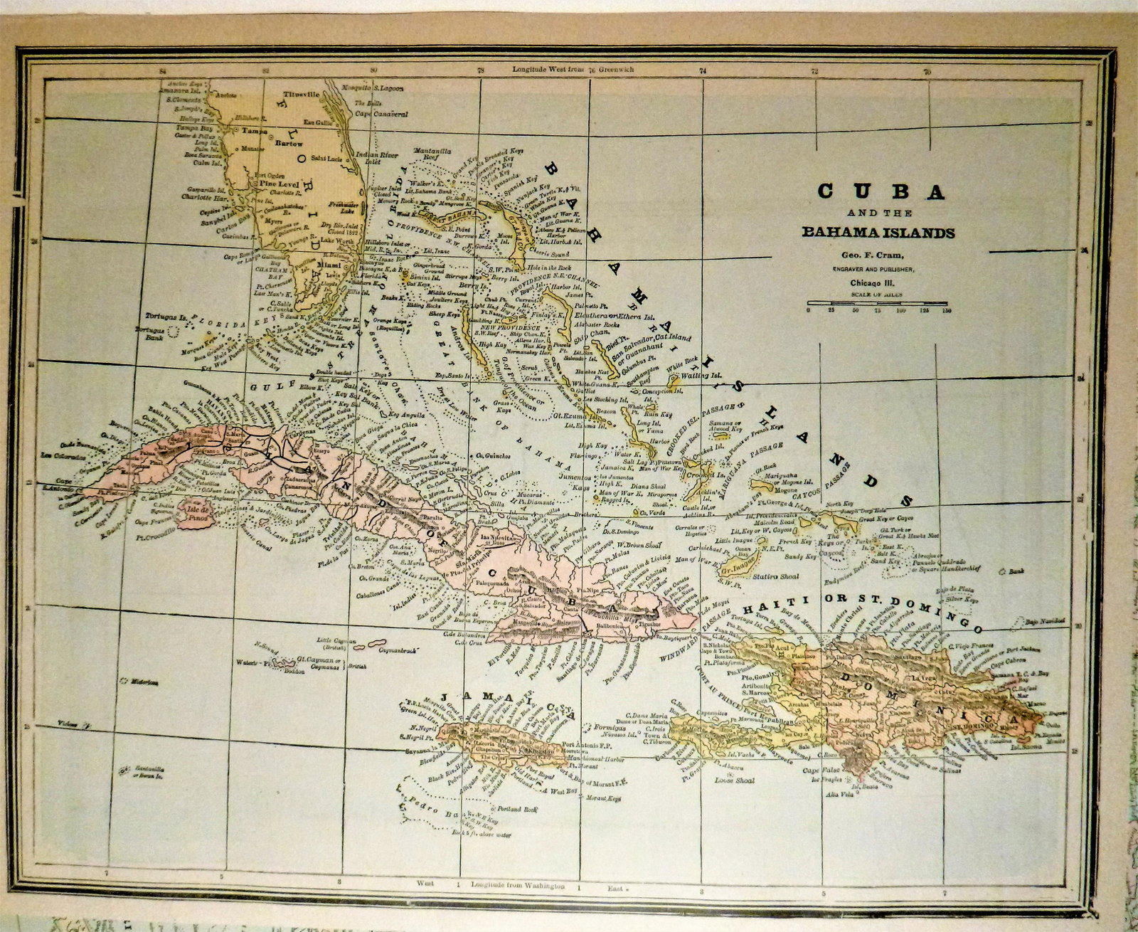 Cuba 1889: Title/Content of Map: Cuba 1889 Date Printed: 1889 Material/Medium: paper Size: approx. 14.5"x10.75" George F. Cram, Chicago Reserve: $35.00 Shipping: Domestic: Flat-rate of $15.00 to anywhere withi