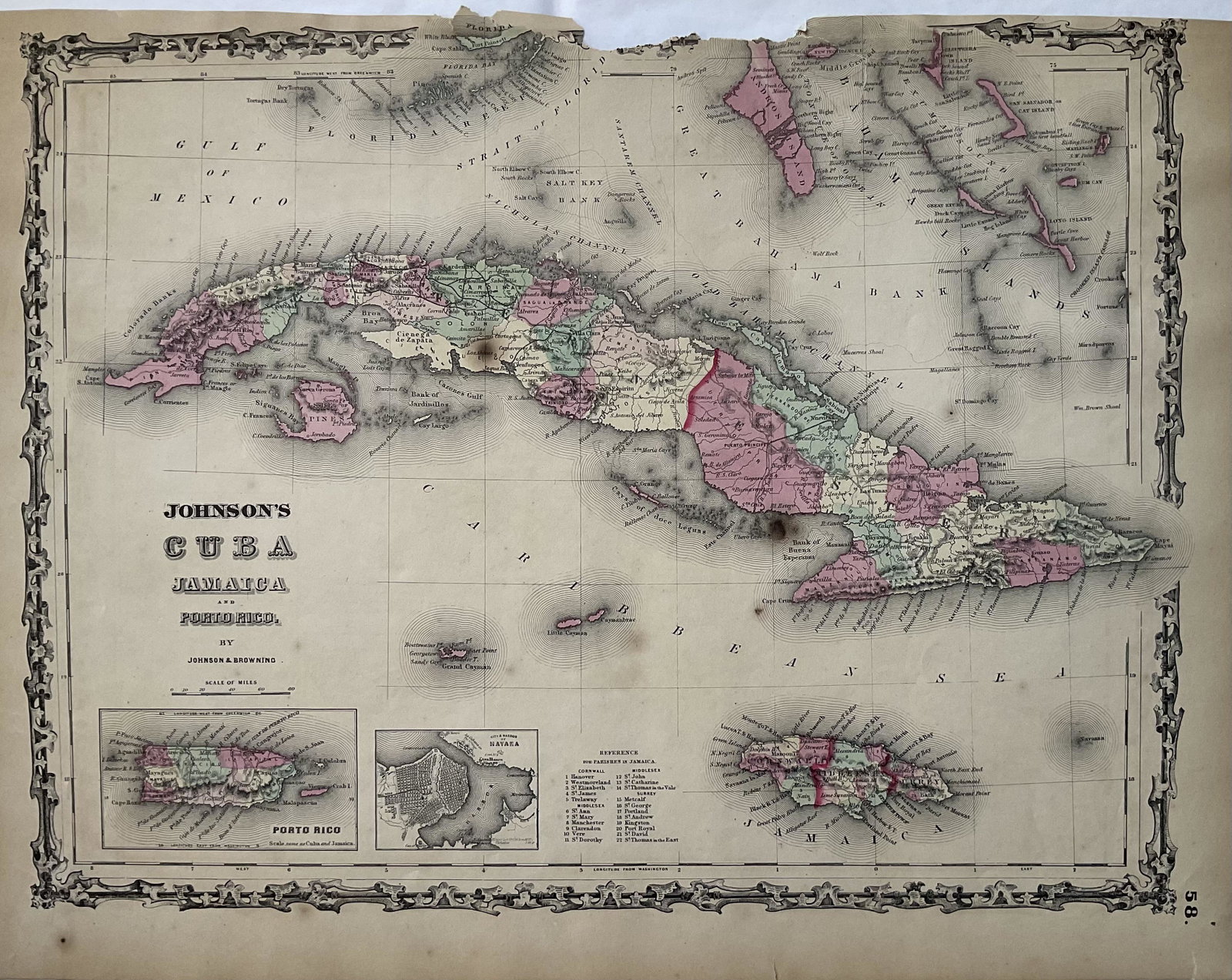 1861. Cuba and Jamaica with insert of Puerto Rico, by Johnson and Browning: Title: 1861. Cuba and Jamaica with insert of Puerto Rico, by Johnson and Browning Date/Period: 1861 Materials: Steel engraved Size: 18x13” 1861, by Johnson and Browning. From ‘New Illustra