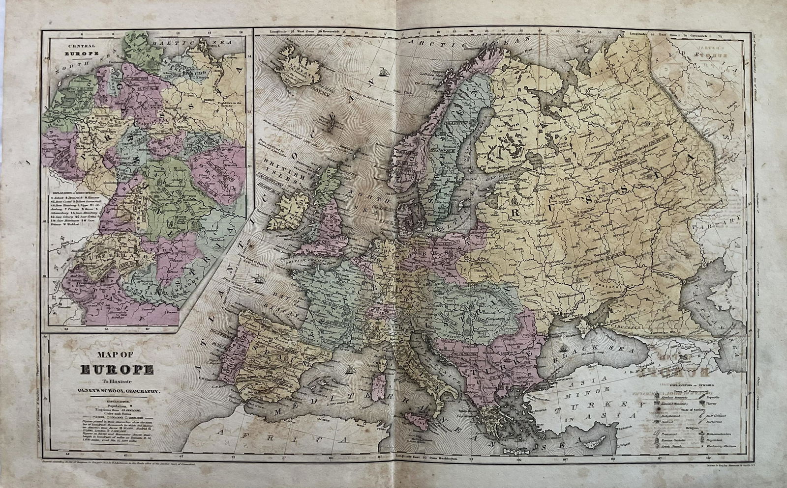 1844.Europe with insert of German states. By Olney: Title: 1844.Europe with insert of German states. By Olney Date/Period: 1844 Materials: Steel engraved Size: 19 x 12” 1844. By A. N. Olney. New York. Published in ‘Olney’s School Atla