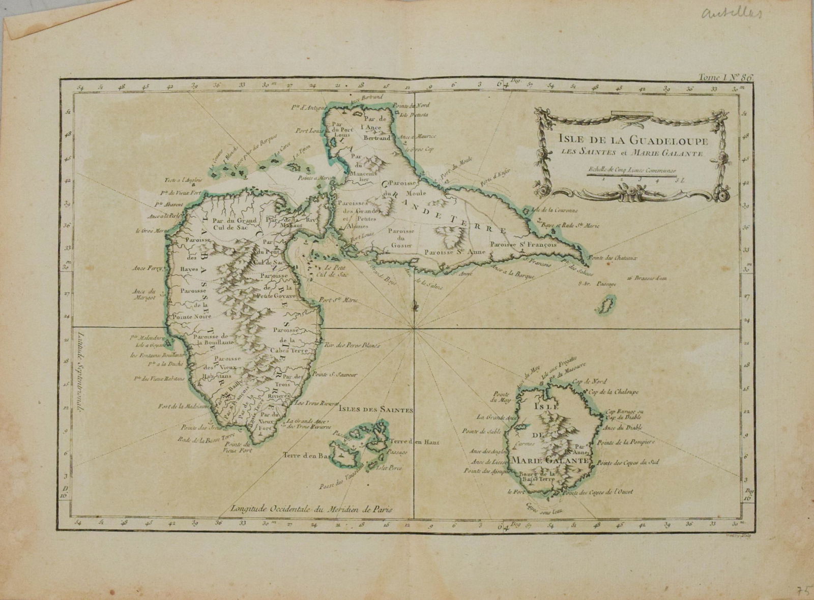 1764 Map of Guadeloupe in Lesser Antilles -- Isle de la Guadeloupe les Saintes et Marie Galante (1 of 1)