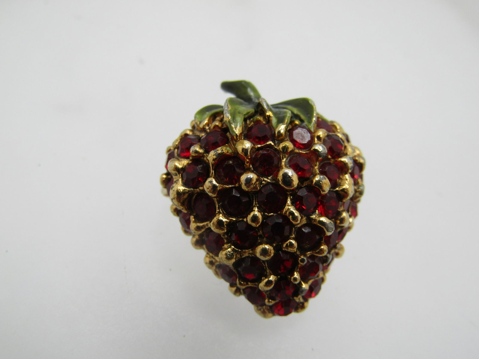Vintage Red Rhinestone Strawberry Brooch, Enameled Top,  1960's (1 of 7)