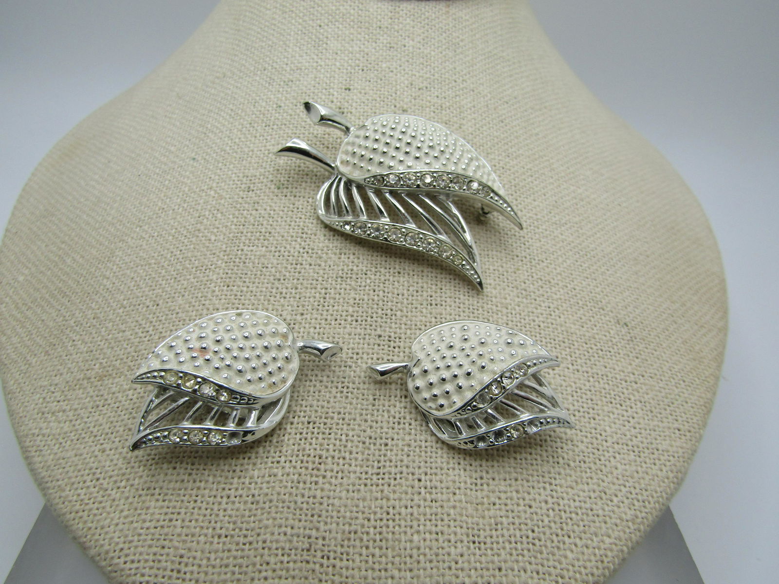 Vintage Double Leaf Brooch & Earrings Set, Rhinestones, Enameling, Clip Earrings, 1960's-1970's (1 of 4)