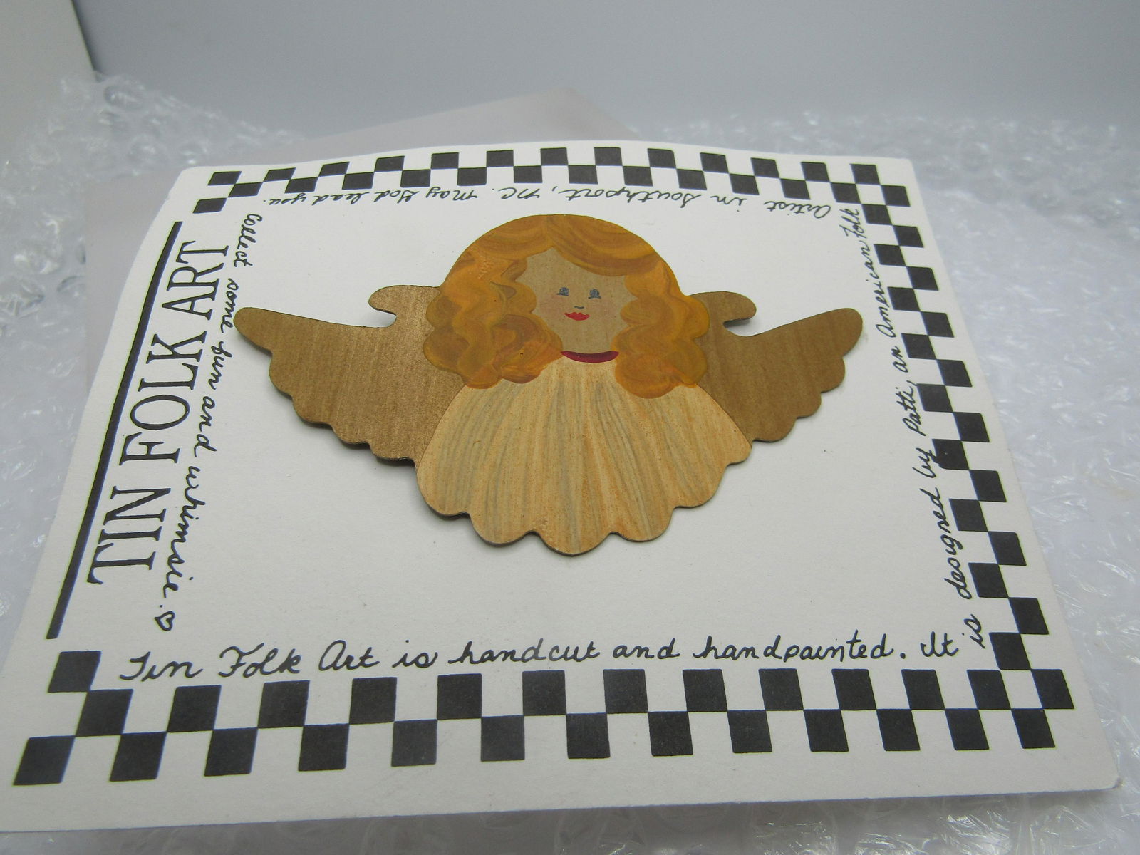 Vintage Painted Angel on Tin Brooch, Tin Folk Art,  1980's-1990's (1 of 4)
