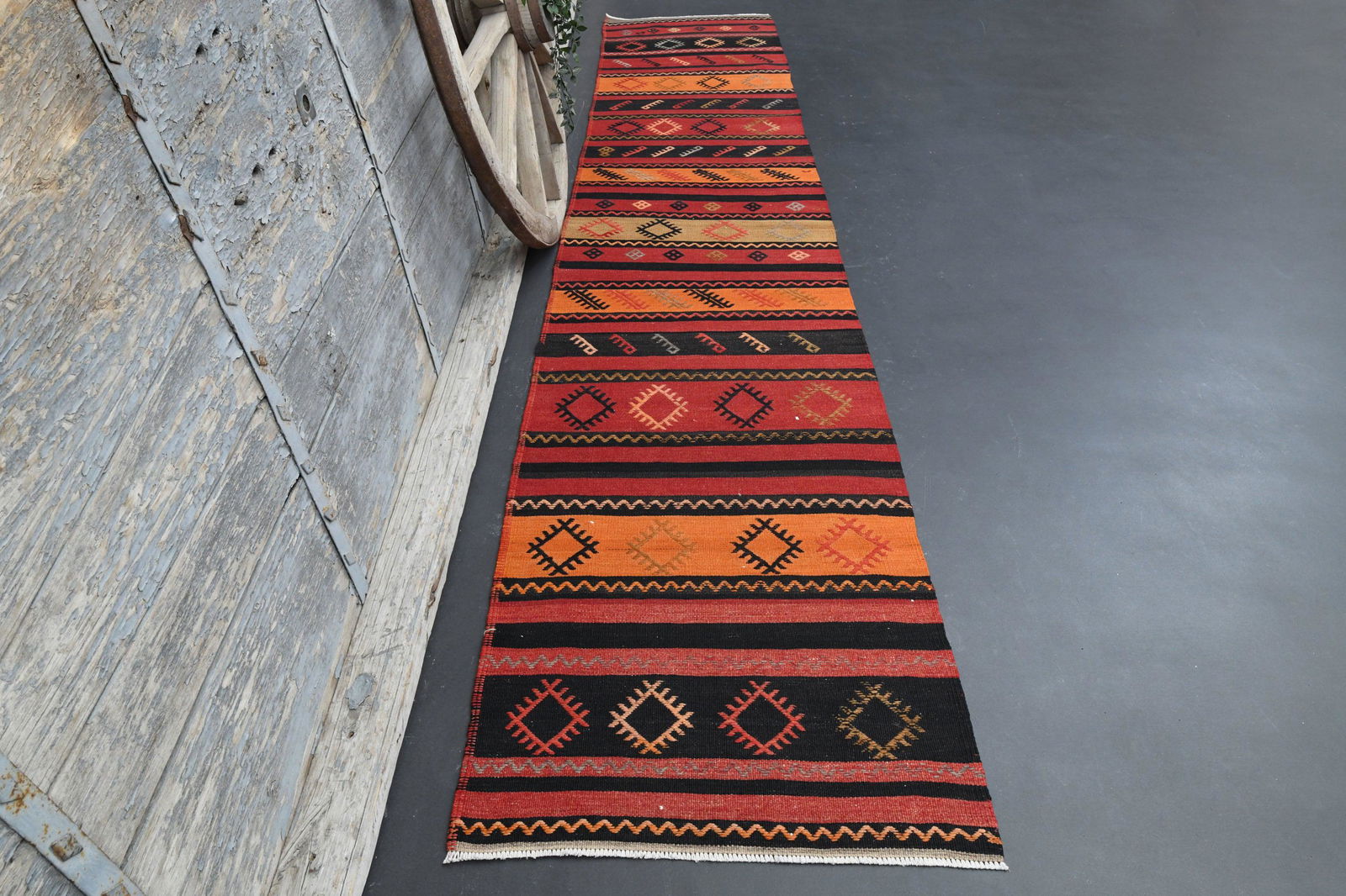 2.5x12.8 TURKISH OUSHAK Red Orange Black Wool Rug (1 of 9)