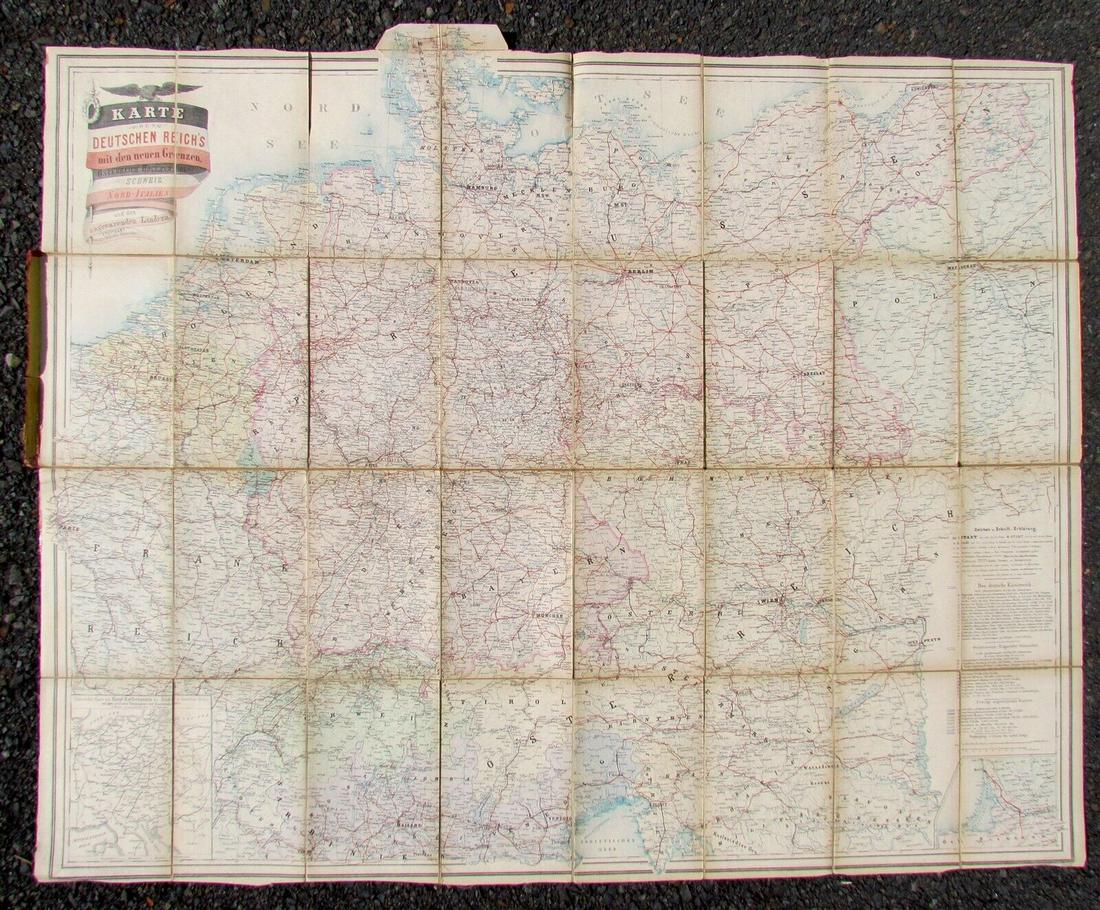 1878 EUROPE MAP GERMANY POLAND AUSTRIA BELGIUM ITALY NETHERLANDS canvas ANTIQUE: Neueste post-und-eisenbahnkarte des Deutschen Reich's der Niederlande, Belgien , Schweiz, Oesterreich , Nord-Italien Augsabe; 1878 Stuttgart, Verlag v. Wilhelm Nitzschke Size 27.5 by 35". Backed on ca