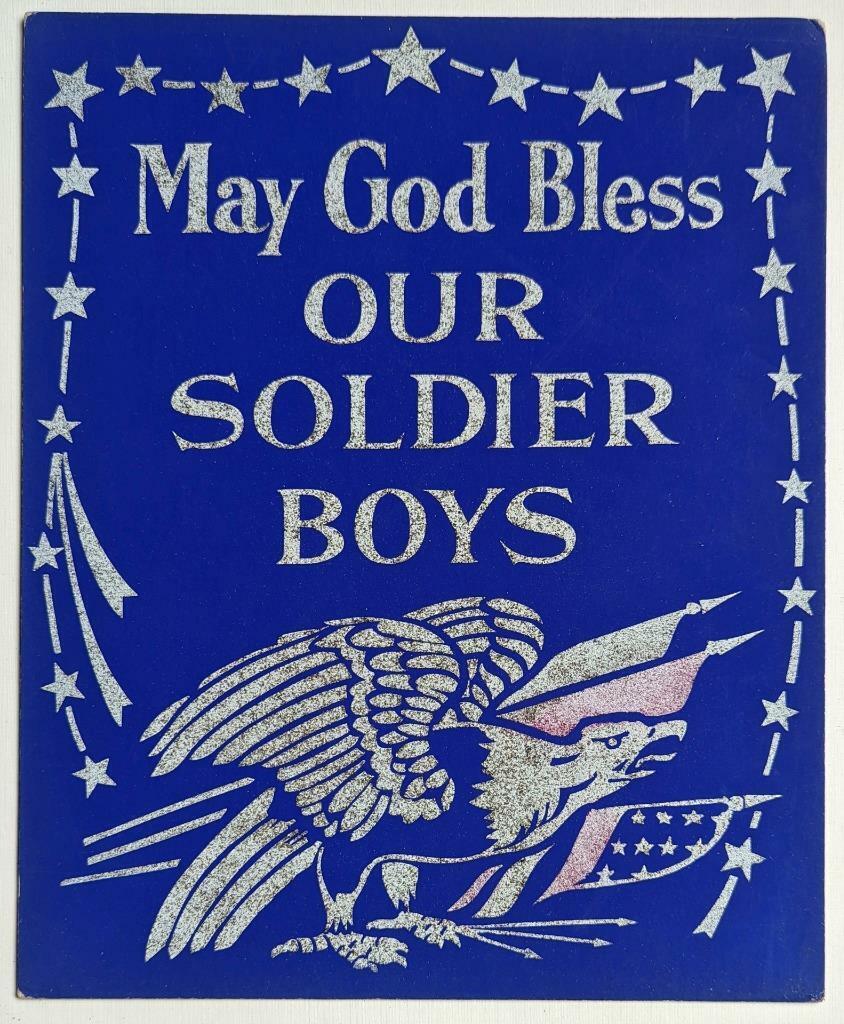 VINTAGE PATRIOTIC WINDOW SIGN GLITTER ART, MAY GOD BLESS OUR SOLDIER BOYS WWII ? (1 of 2)