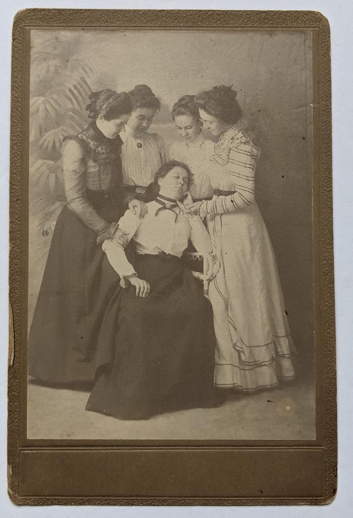 ca. 1880 NARRATIVE CABINET CARD PHOTOGRAPH FOUR WOMEN CARING FOR FAINT WOMAN (1 of 2)