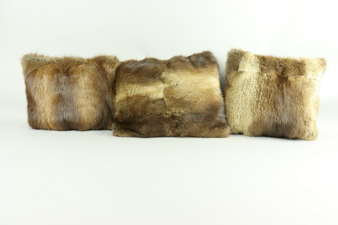 SET OF 3 MUSKRAT FUR PILLOWS: Title: SET OF 3 MUSKRAT FUR PILLOWS Size/Dimensions: Repurposed from multiple vintage fur garments re-made into super soft pillows, perfect for decoration; no filling in the pillow due to shipping; Si