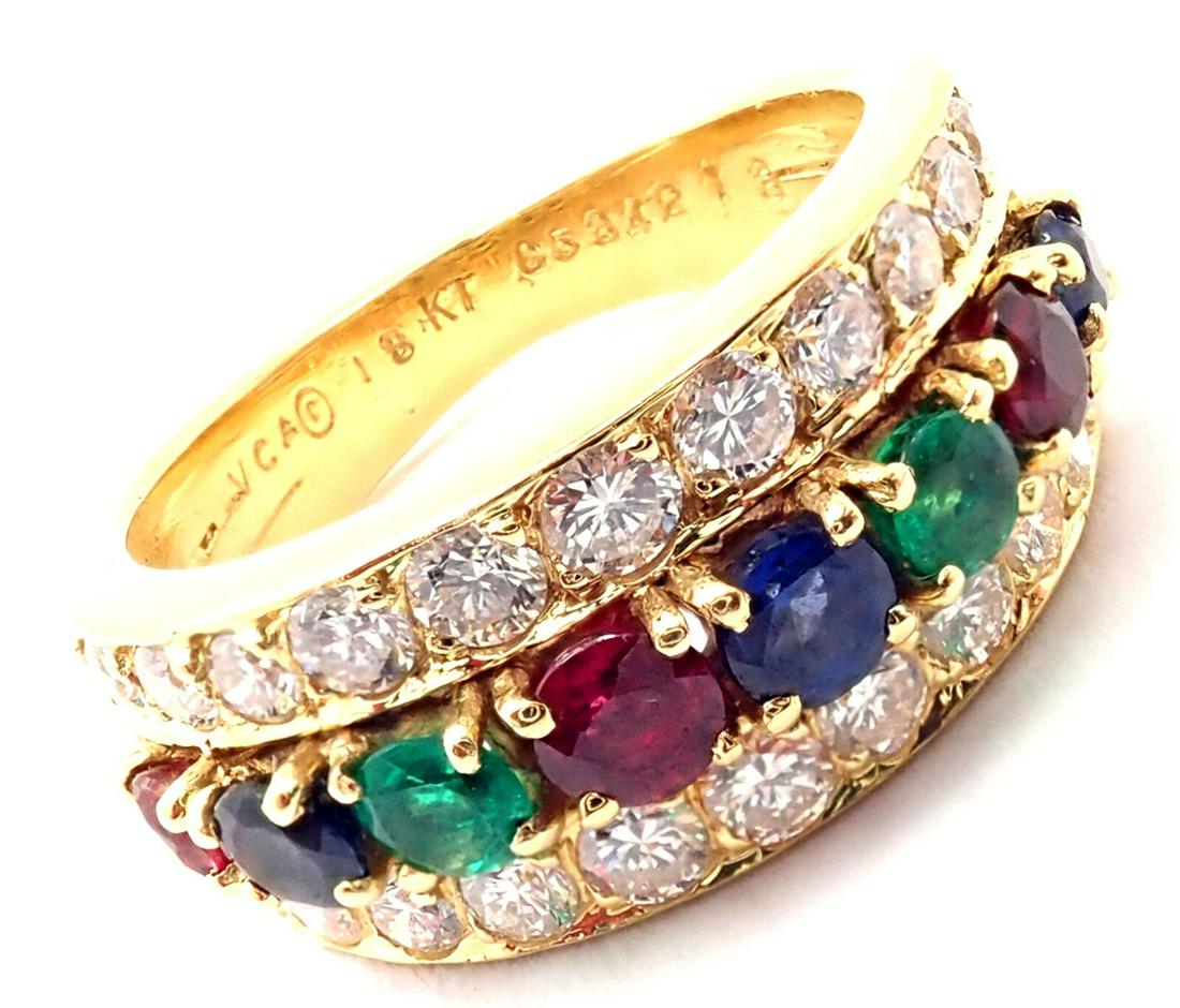 Authentic! Van Cleef & Arpels 18k Gold Emerald Diamond Sapphire Ruby Band Ring (1 of 9)