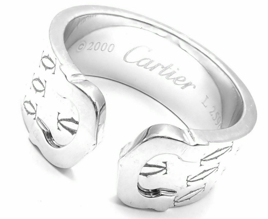 Authentic! Cartier Logo 18k White Gold Double C Motif Monogram Band Ring Size 53 (1 of 10)