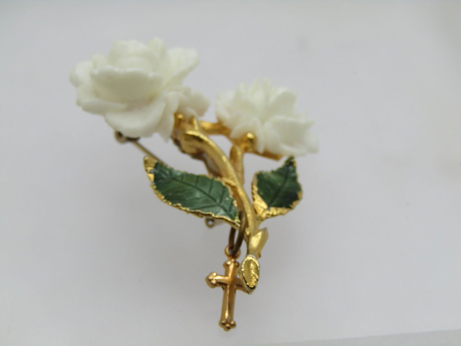 Vintage White Faux Carved Rose Brooch, With Cross, Enameled Leaves, 1960's (1 of 5)