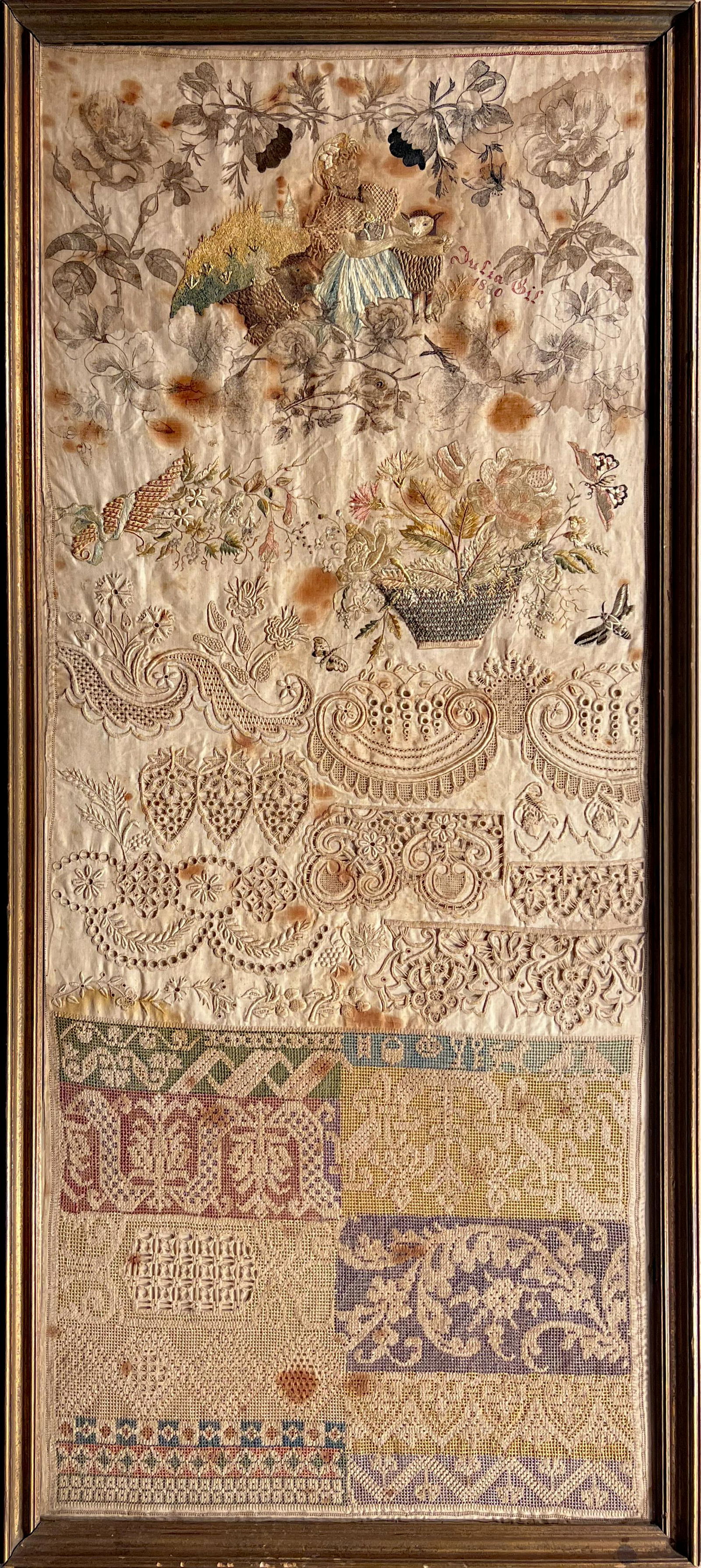 Elegant Guatemalan needlework sampler by Julia Gill dated 1890 (1 of 1)