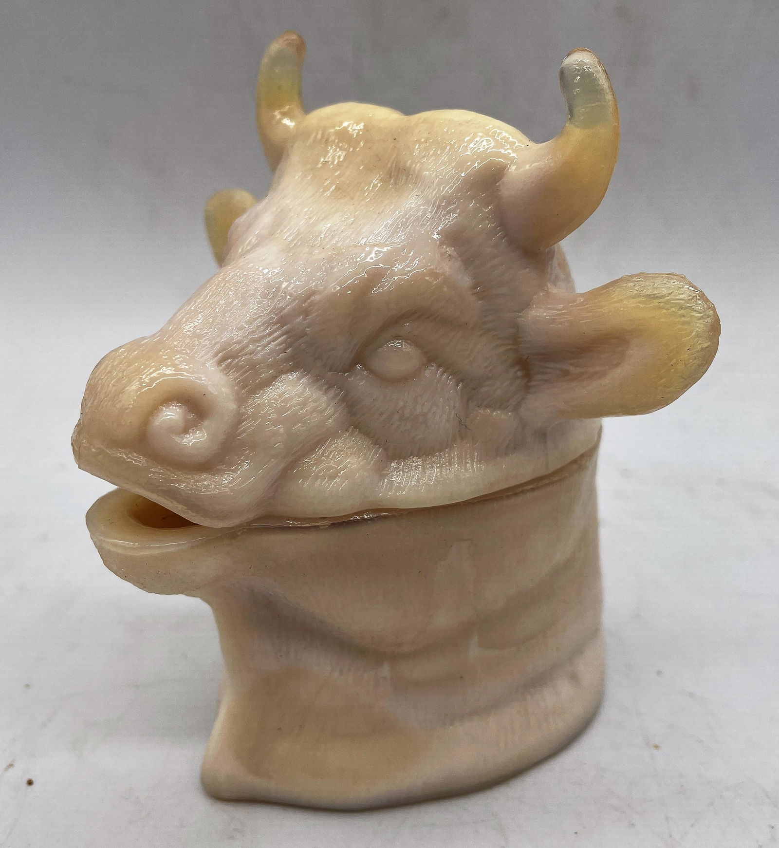 SLAG GLASS COW STEER BULL SERVING TUREEN DISH HORSERADISH MUSTARD POT