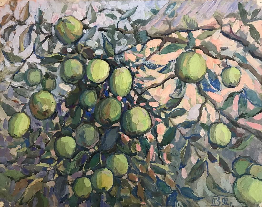 Oil painting Apple tree Wihyrovskii Victor: №AAA2161 Looking for a unique and stunning addition to your home décor? Check out our oil painting "Apple Tree"! This beautiful piece features a lush tree with branches laden with large app