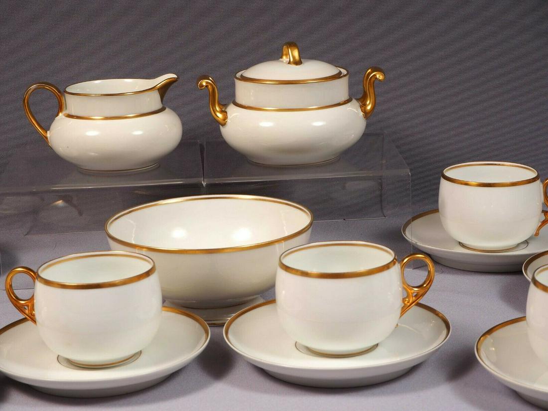 Limoges COFFEE TEA SET France Old Abbey Sugar Cup Creamer White and Gold: This is rare and gorgeous Coffee/Tea set with Sugar Bowl, Creamer, and Serving Bowl. The set was made in Limoges, France by Old Abbey. The pattern features white porcelain with gold rim. The set inclu