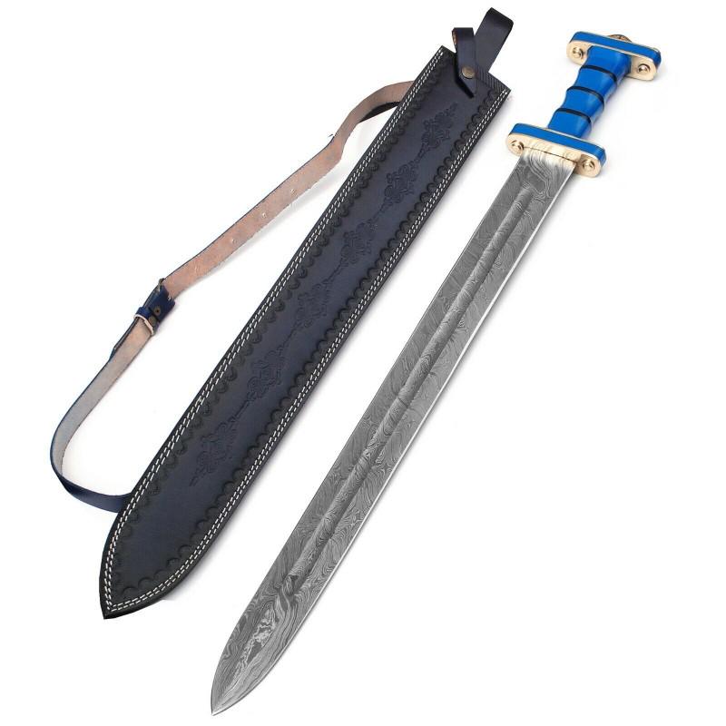 Viking exclusive pattern damascus steel sword glaive: Total length – 838 mm. Blade length – 641 mm. Blade – damascus steel Handle – sheesham wood, brass, bone Leather sheath included Blade hardness – 58-60 HRС Blade Bu