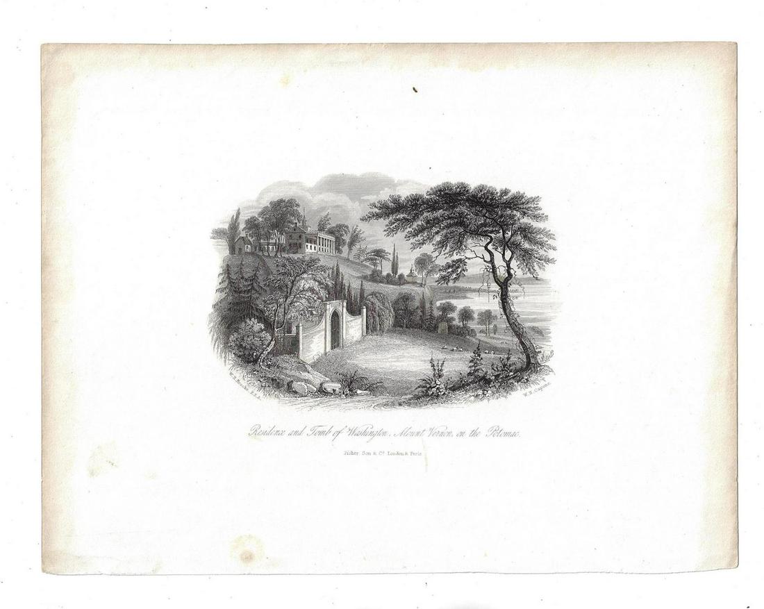 1850 Steel Engraving Mount Vernon: Steel engraving of "Residence and Tomb of Washington Mount Vernon on the Potomac. By Brroks and Capone after original by Alexander Dick. Published by Fisher Son and Company, London circa 1850. Fine, m