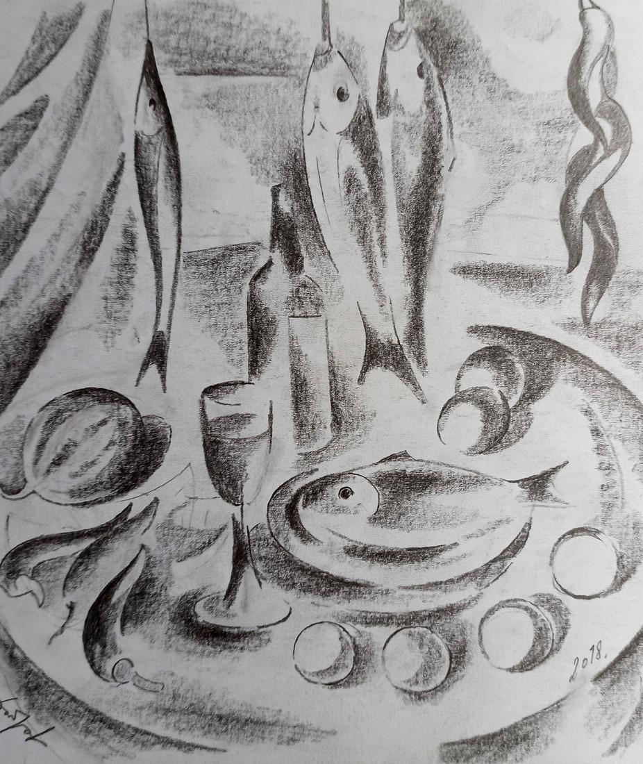 Abstract pencil painting Still life with fish Peter Tovpev (1 of 4)