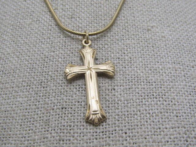 Vintage 14kt G.F. Cross Necklace, 24" Snake Chain, 1.5mm, Signed (1 of 9)