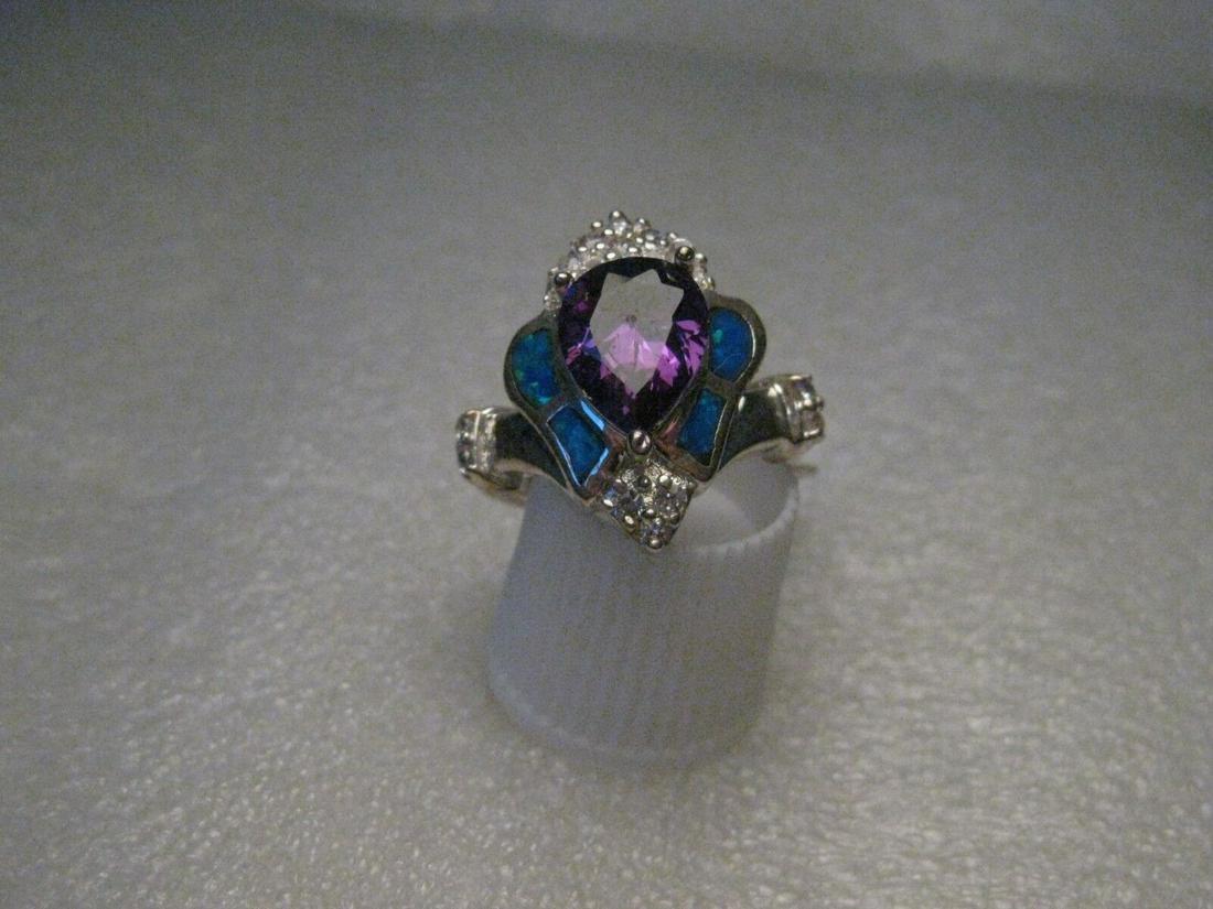 Silver Inlaid Opal & Amethyst Ring, Clear Stones, Created, , Size 6.5 (1 of 9)