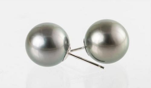 12mm Round Green Tahitian Pearls - 14 kt. White gold - Earrings: Title: 12mm Round Green Tahitian Pearls - 14 kt. White gold - Earrings Description: Produced by the Pinctada Margaritifera oyster in the tropical lagoons of French Polynesia, these pearls have a natur