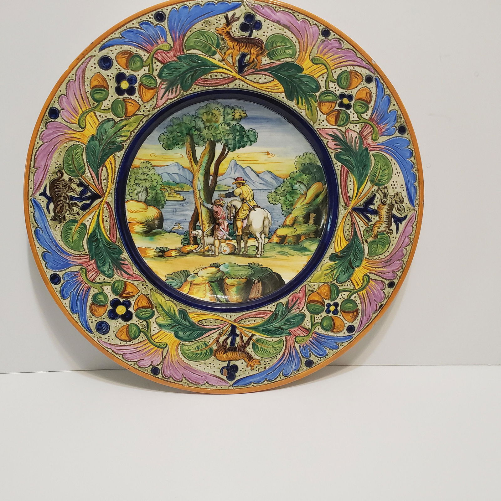 Antique Plate for Wall Hanging or Display Charger Hand Painted Italy Italian Server Art Pottery Clay: Vintage from the 1900s Materials: pottery, clay, plaster, terra cotta Width: 18 inches Height: 18 inches Depth: 2 inches Description Antique Plate for Wall Hanging or Display Charger Hand Painted Ital