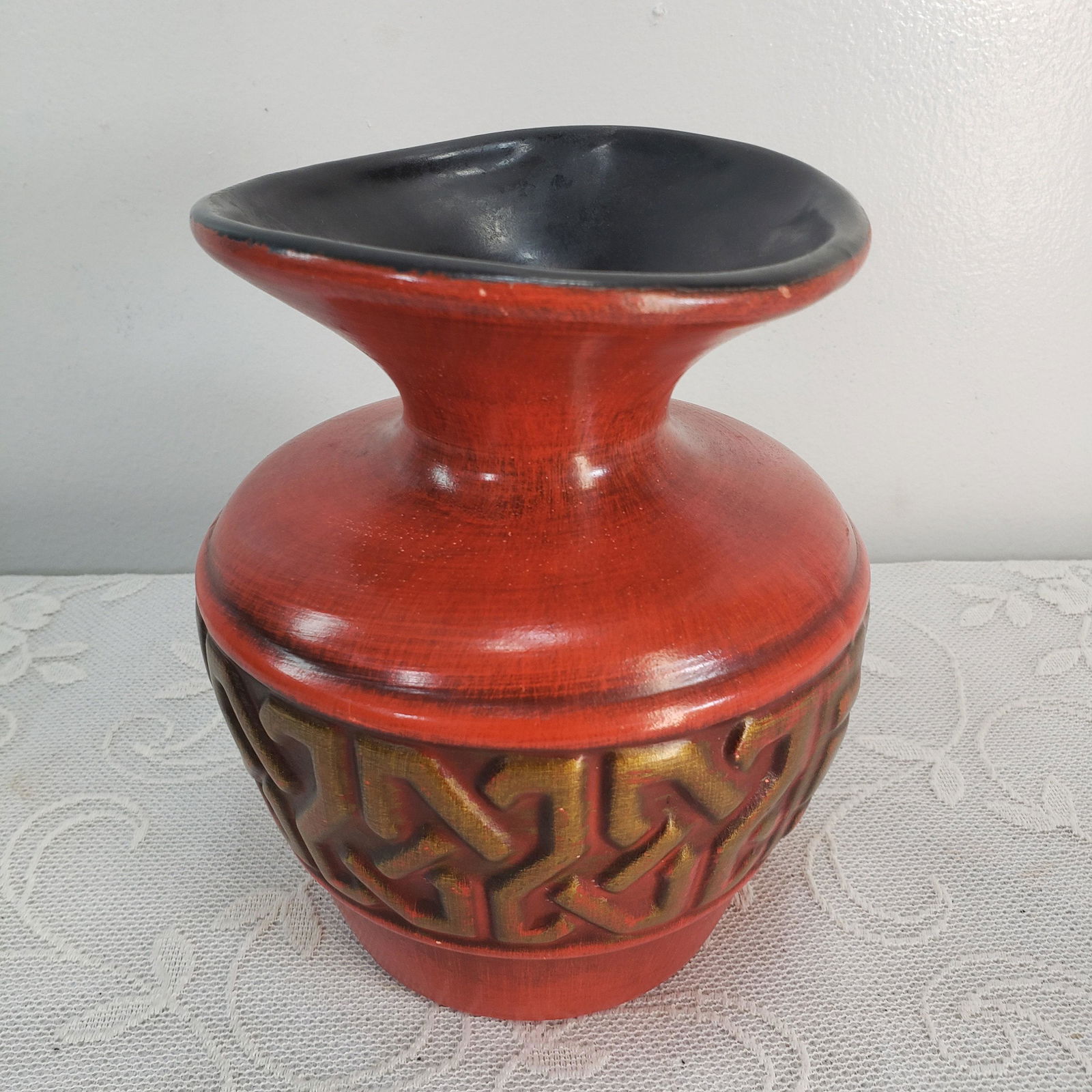 Vintage Red Orange Haeger Art Pottery Ceramic Flower Vase Abstract Design Mid Century Modern (1 of 7)