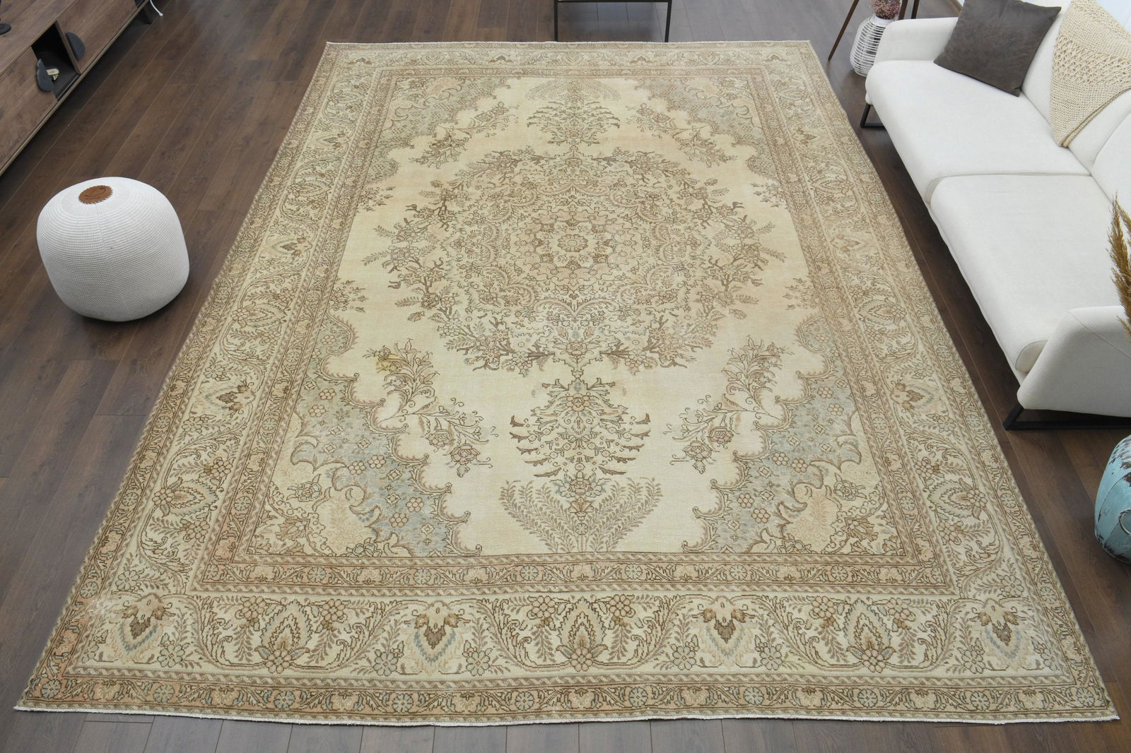 10x13 Turkish Antique Purple Oushak Handmade Rug: Title: 10x13 Turkish Antique Purple Oushak Handmade Rug Origin: Turkey Date/Period: 1960 - 1970 Dimension: Width: 9.8 feet Length: 12.8 feet Materials: Wool and Cotton Description: This one-of-a-kind