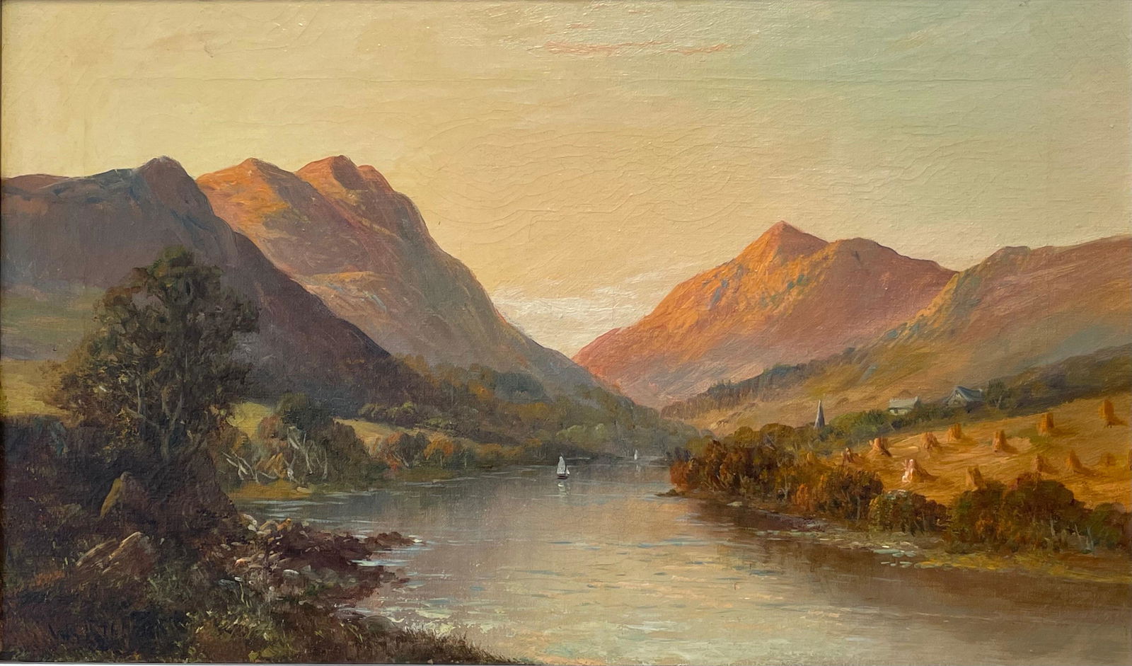 Francis E. Jamieson: Antique Scottish Highlands Signed Oil Painting Summer Loch Sunset Harvest Field: Creator Francis E. Jamieson (1890 - 1950, British) Creation Year c.1930's Dimensions Height: 40.64 cm (16 in)Width: 60.96 cm (24 in)Depth: 2.54 cm (1 in) Medium Canvas,Oil Movement & Style Victorian P