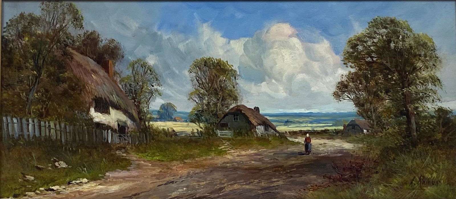 Francis E. Jamieson: Antique British Oil Painting Figure Walking through lowland Scottish Borders: Creator Francis E. Jamieson (1890 - 1950, British) Creation Year c.1930's Dimensions Height: 33.02 cm (13 in)Width: 63.5 cm (25 in)Depth: 2.54 cm (1 in) Medium Oil Movement & Style Victorian Period Ea