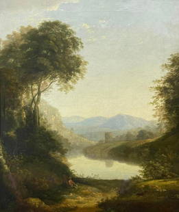 William Traies: Fine 1800's Original Oil Painting Figure in Arcadian Landscape Golden Light: Creator William Traies (1789 - 1872, British) Creation Year c. 1800's Dimensions Height: 66.04 cm (26 in)Width: 58.42 cm (23 in)Depth: 2.54 cm (1 in) Medium Canvas,Oil Movement & Style Old Masters Per