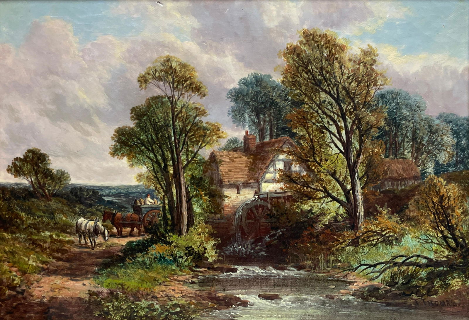 Thomas Henry Thomas: Charming Victorian Oil Painting Rural Watermill House with Horses & Cart: Creator Thomas Henry Thomas (1834 - 1915, Welsh) Dimensions Height: 30.48 cm (12 in)Width: 40.64 cm (16 in)Depth: 2.54 cm (1 in) Medium Canvas,Oil Movement & Style Victorian Period 19th Century Condit