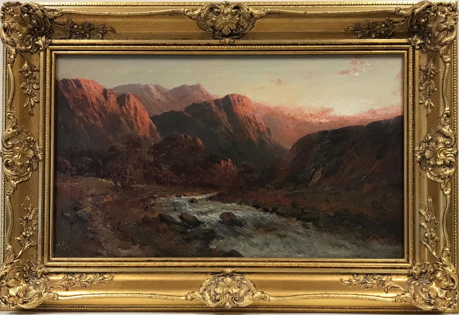 Francis E. Jamieson: Sunset over the Scottish Highland Loch, signed antique oil painting: Creator Francis E. Jamieson (1890 - 1950, British) Dimensions Height: 43.18 cm (17 in)Width: 63.5 cm (25 in)Depth: 2.54 cm (1 in) Medium Oil Movement & Style Victorian Period Early 20th Century Condit