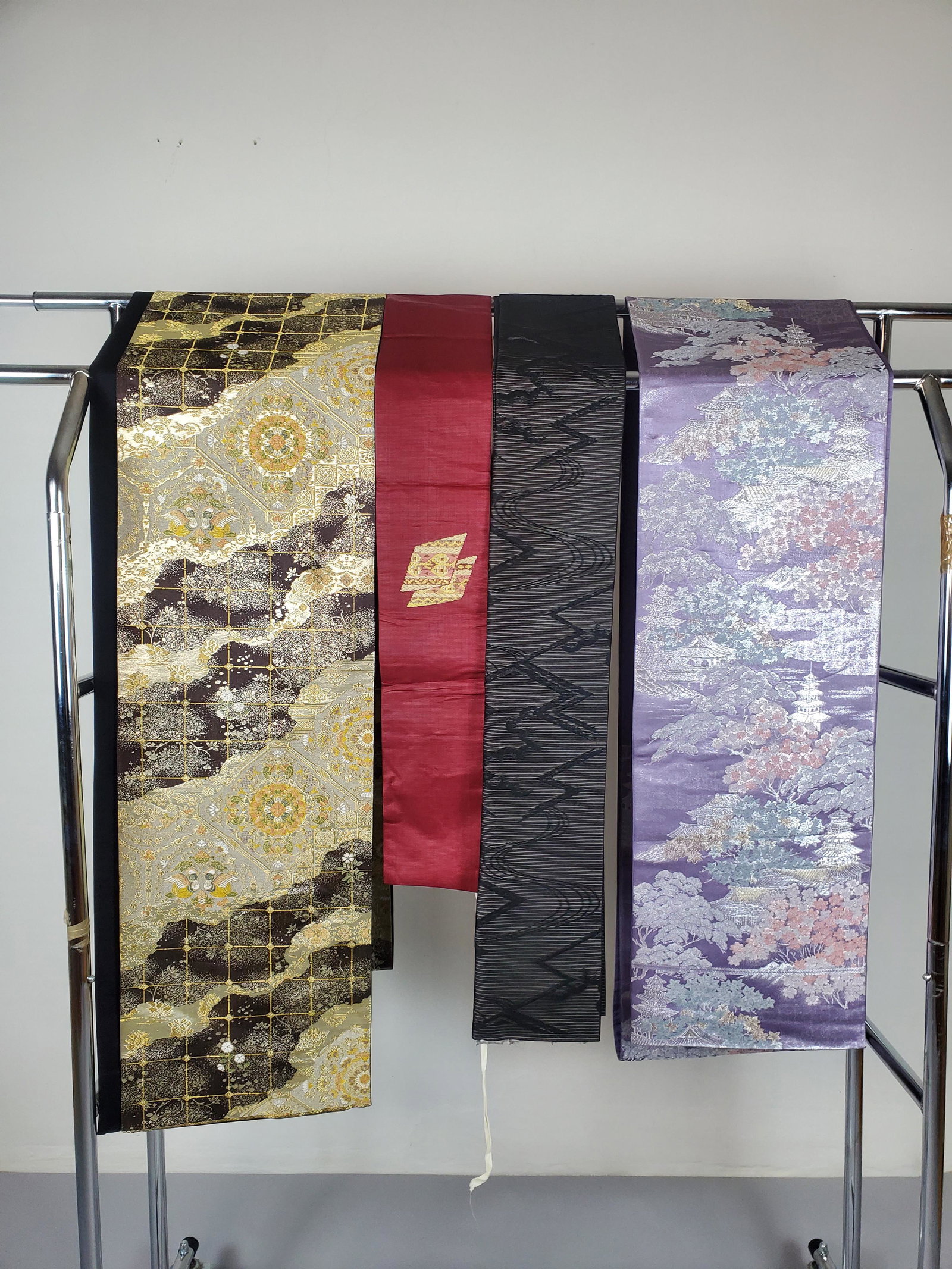 COLELCTION OF 4 KIMONO BELTS: Title: COLELCTION OF 4 KIMONO BELTS Dimension: Collection of 4 kimono Obi/belts Additional Information: Pre owned condition,no holes or rips; Reserve: $50.00 Shipping: Domestic: Flat-rate of $60.00 to