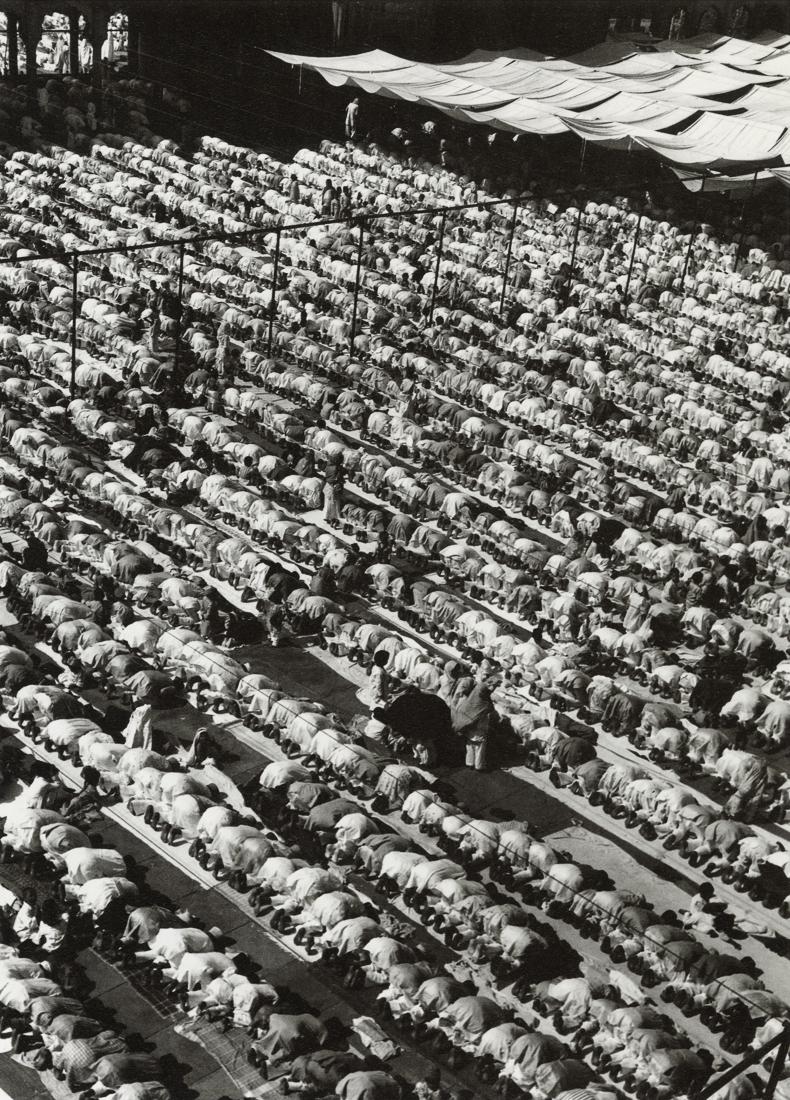 MARGARET BOURKE-WHITE - Muslim Men Pray, India, 1946: Artist: Margaret Bourke-White Title: Muslim Men Pray Toward Mecca, Delhi at Jami' Masjid, India, 1946 Medium: Photo Litho, 1998, Italy Dimensions: 6.65x9.3" Description: Heat Wax Mounted on 11x14" Con
