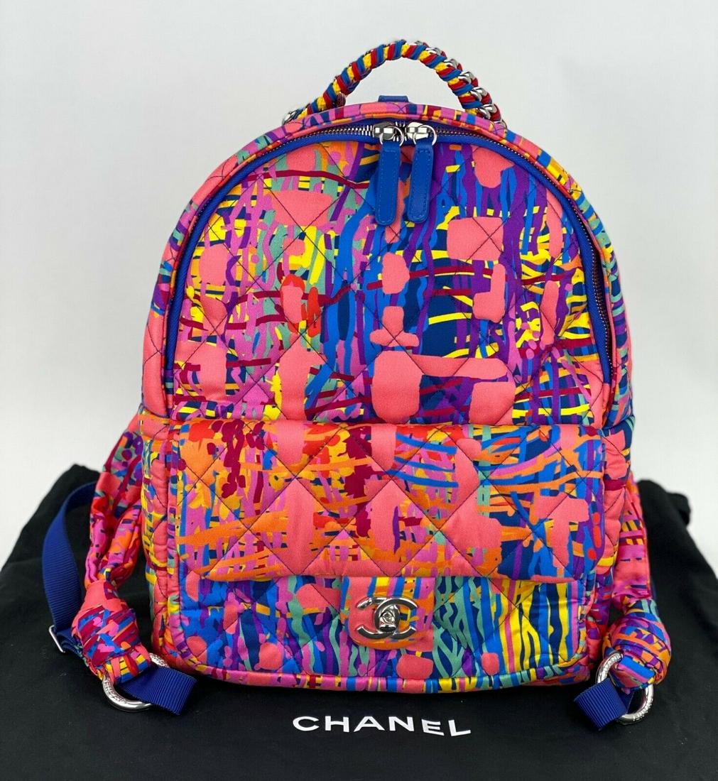 CHANEL Bag CC Foulard Fabric Quilted Printed Backpack Pink Travel B293