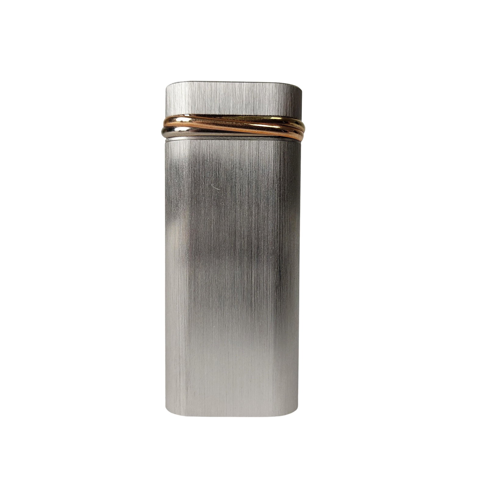CARTIER Gold plated Trinity lighter: Title: CARTIER Gold plated Trinity lighter Material: Gold plated metal Size/Dimensions: N/A Description: (4996). Iconic lighter of the Maison Cartier in brushed steel-colored metal. Gold plated insert