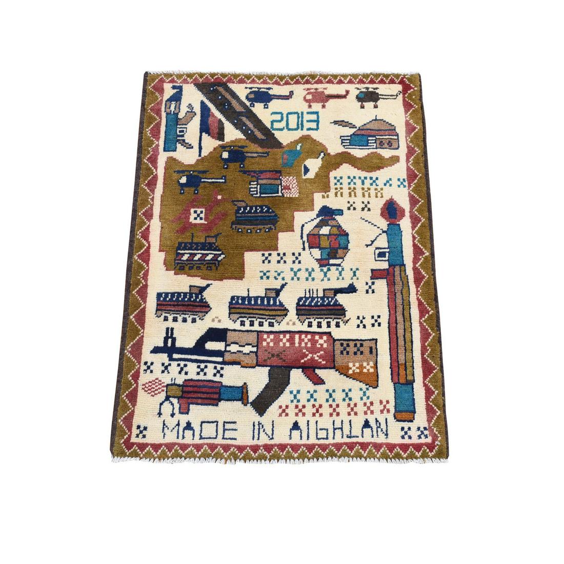 Ivory Collectible Afghan War Design Tanks Guns Grenades Choppers Rug: Title: Ivory Collectible Afghan War Design Tanks Guns Grenades Choppers Rug Description: This is a truly genuine one-of-a-kind . It has been Knotted for months and months in the centuries-old weaving 