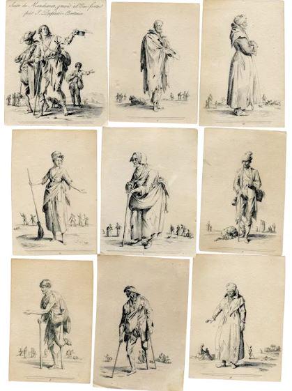 Set of nine beggars in ragged clothing - Jean Duplessis-Bertaux: Set of nine beggars in ragged clothing by Jean Duplessis-Bertaux (Paris, 1750–1818) 1. A group of beggars, one playing the violin, the other walking with the help of a stick holding a hat to collect
